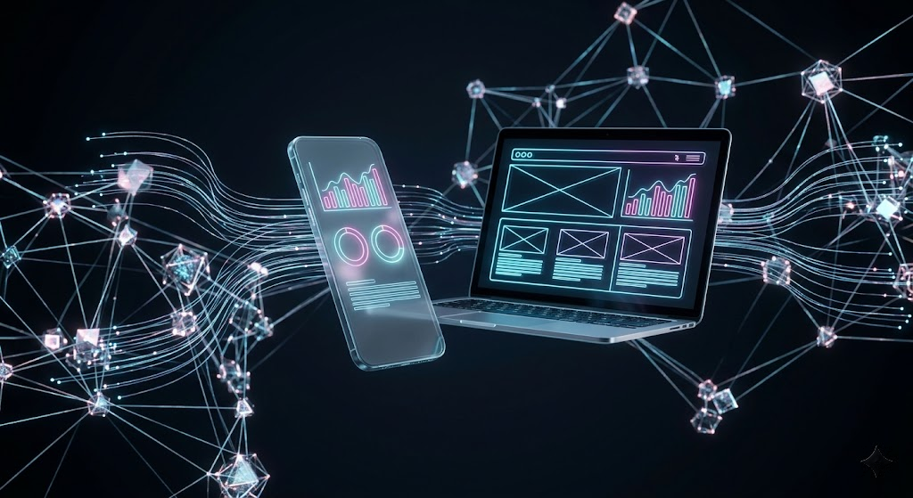 Mobile and web app connected via digital network with analytics data