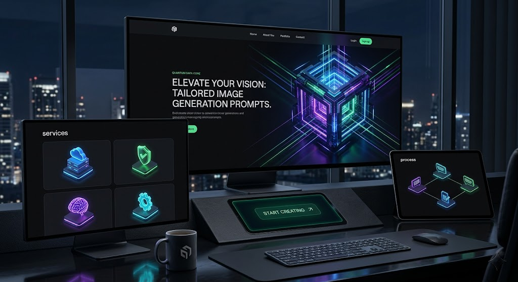 Premium web design displayed on multi-screen setup in dark studio environment
