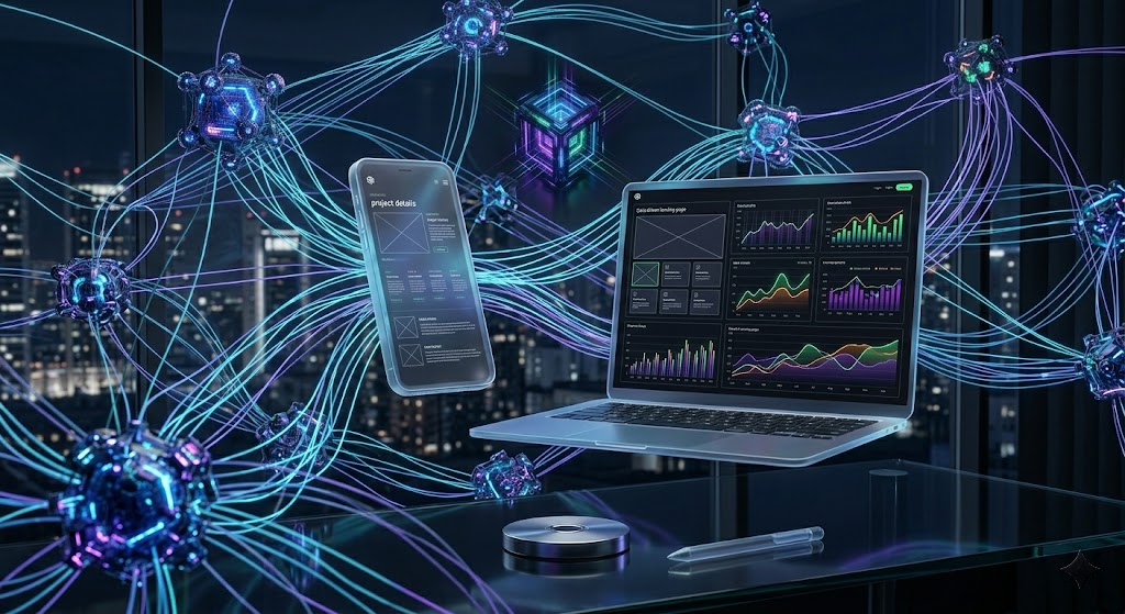 Real-time data dashboard on laptop and phone surrounded by neural network nodes